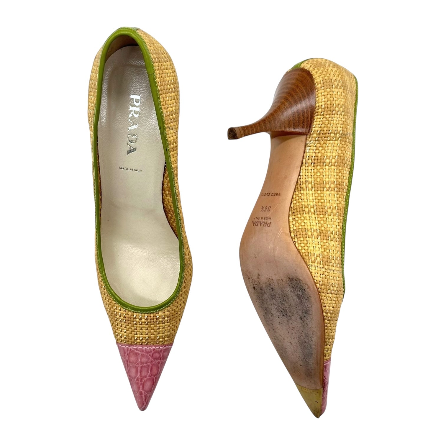 Prada Pink & Green Raffia Pointed Toe Heels - Outfit Repeater