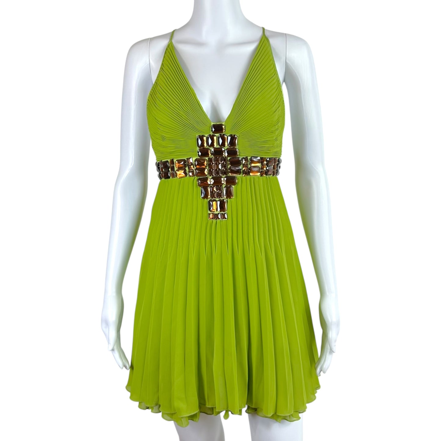 Roberto Cavalli Bright Green Rhinestone Pleated Mini Dress