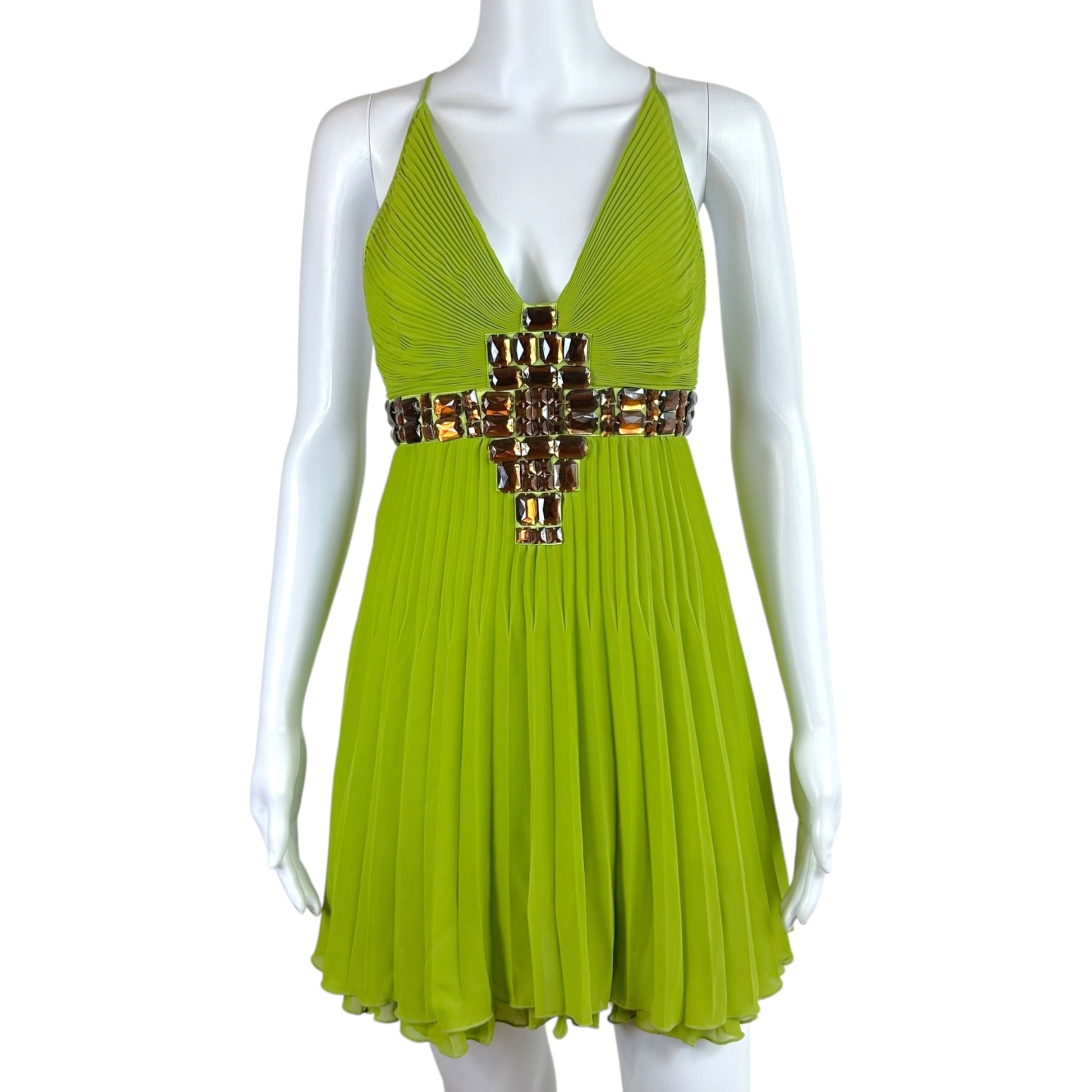 Roberto Cavalli Bright Green Rhinestone Pleated Mini Dress