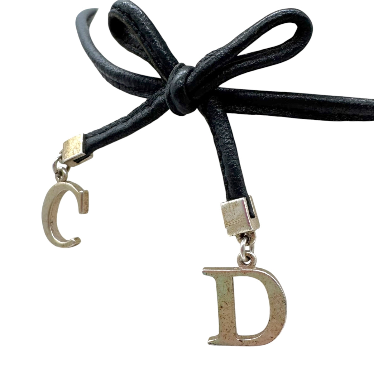 Christian Dior Black Leather & Silver CD Logo Charm Bow Choker Necklace