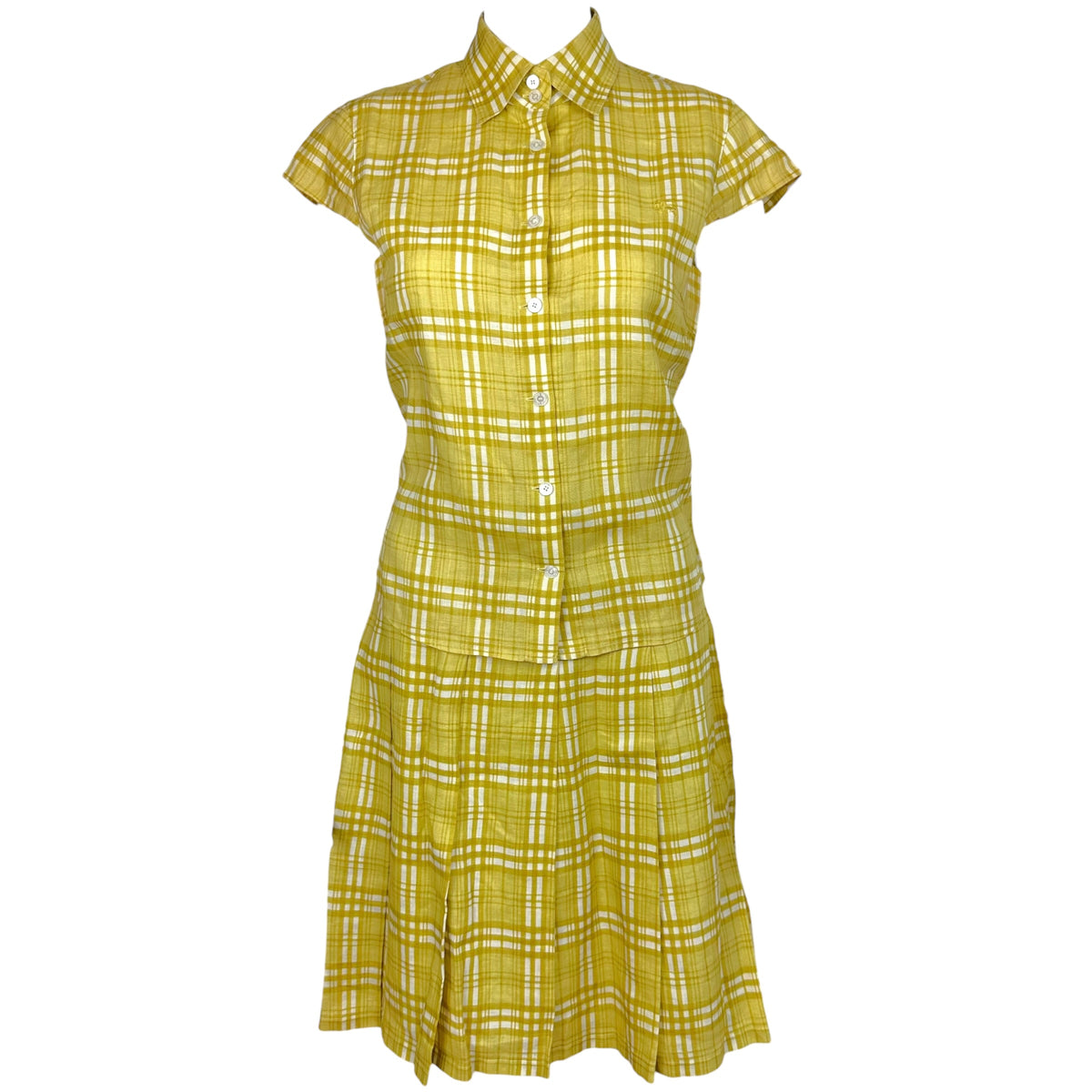 Burberry Mini Skirt And Blouse Set Mustard Yellow Linen