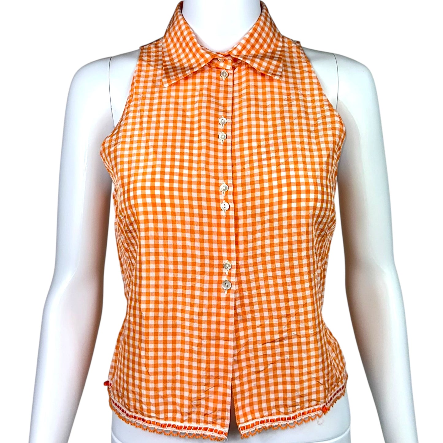 Blumarine Blugirl Orange Gingham Sleeveless Silk Blouse - Outfit Repeater