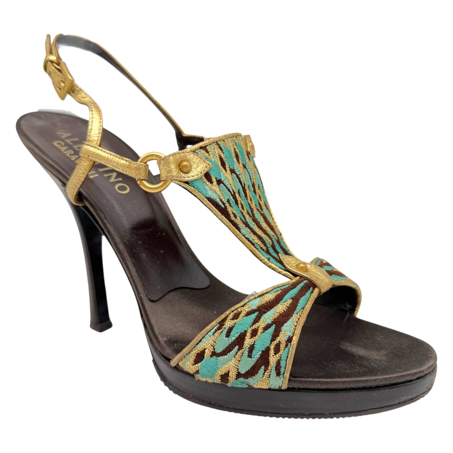 Valentino Garvani Turquoise Gold Embroidered Sandal Heels
