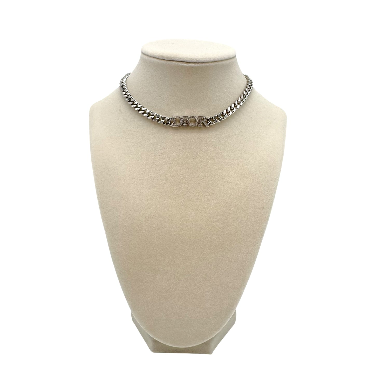 Christian Dior Silver Crystal Curb Chain Choker Necklace