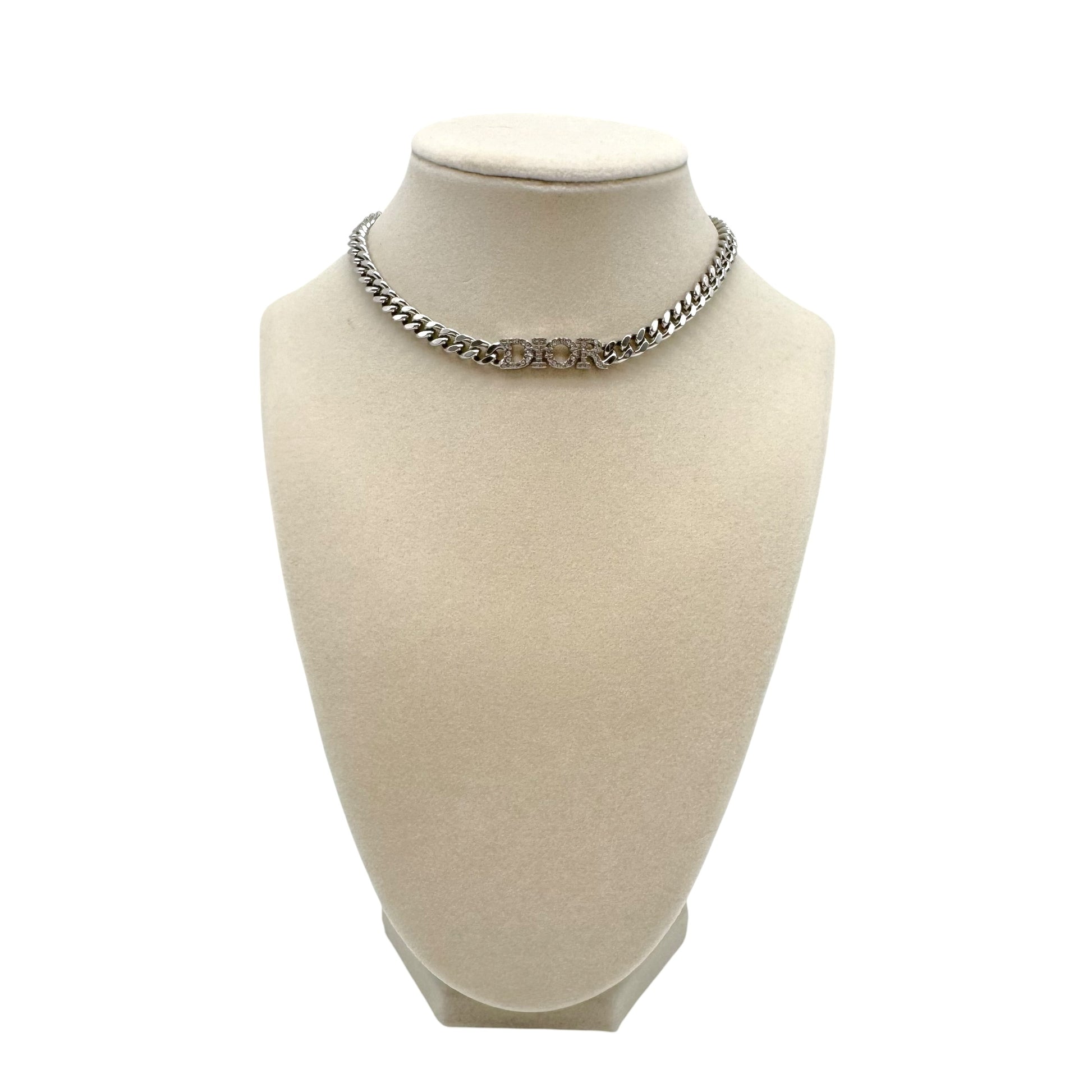 Christian Dior Silver Crystal Curb Chain Choker Necklace