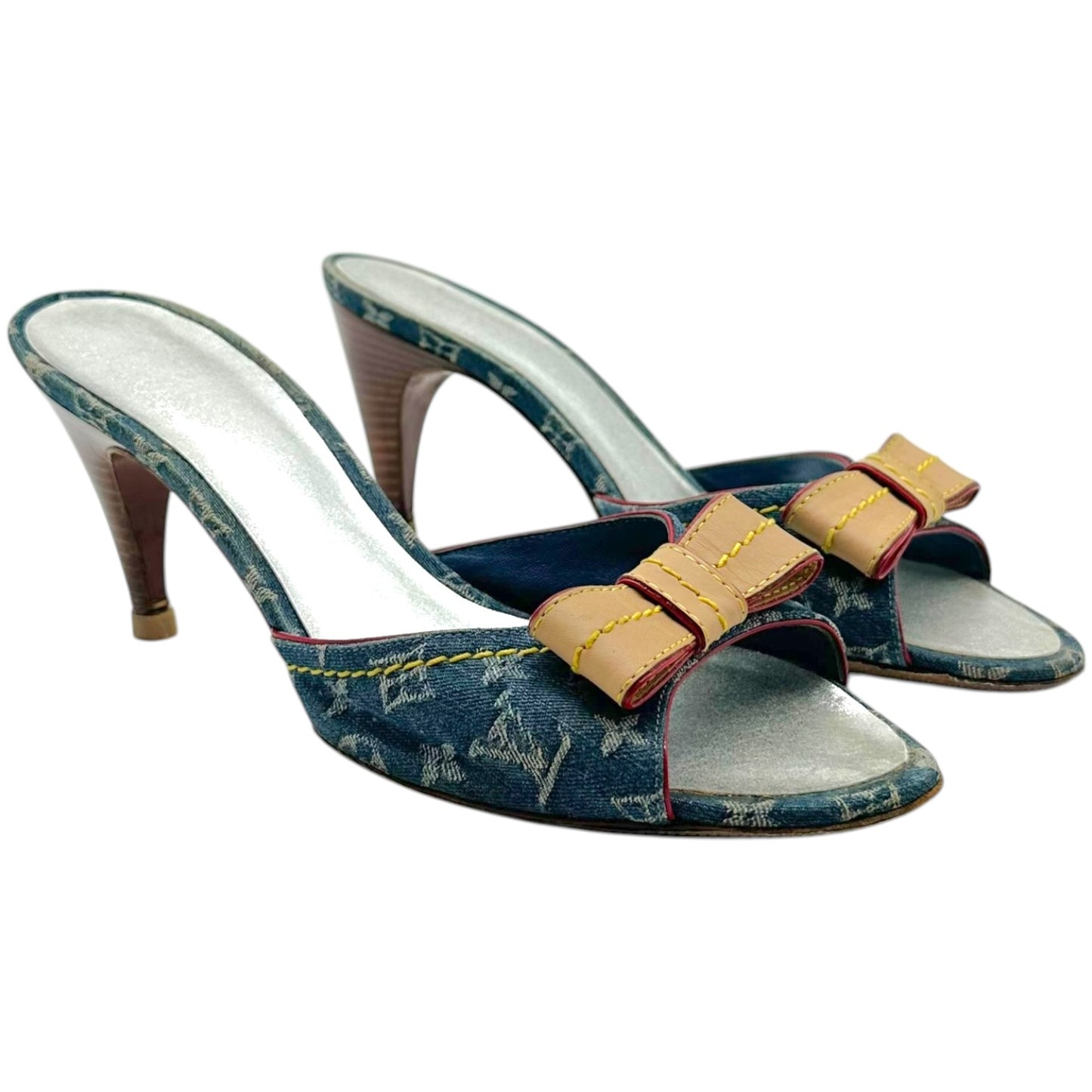 Louis Vuitton Denim Monogram Leather Bow Heeled Mule Sandals