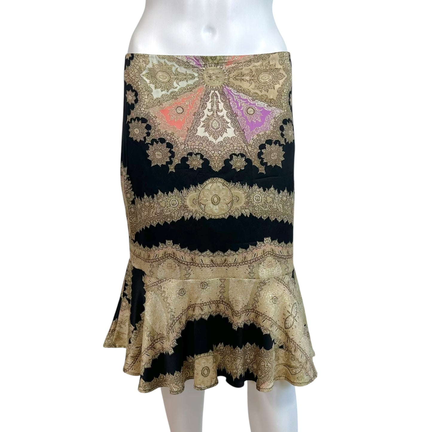 Roberto Cavalli 2004 Gold & Black Multi Metallic Print Silk Midi Skirt