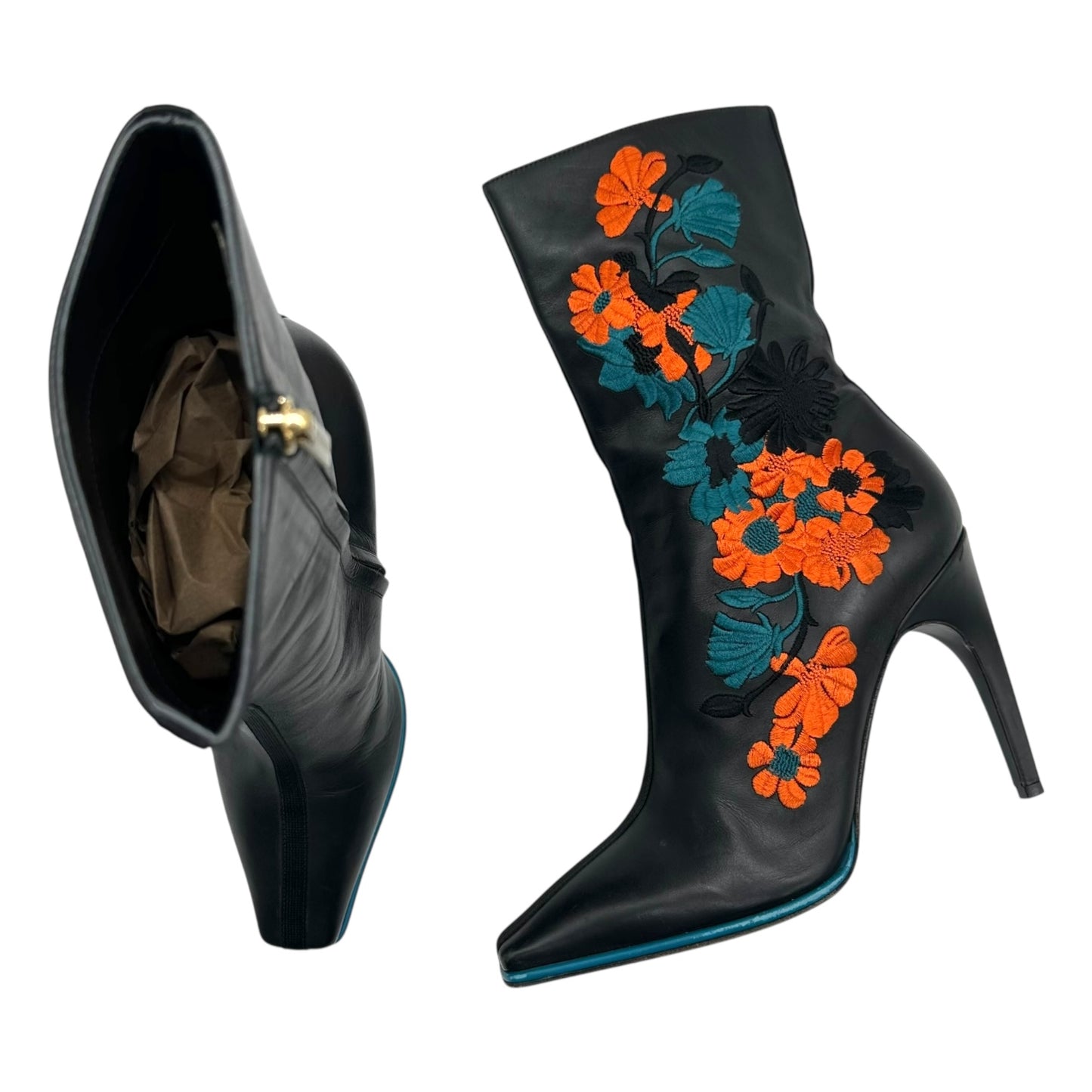 Versace Black Leather Floral Patchwork Heeled Boots