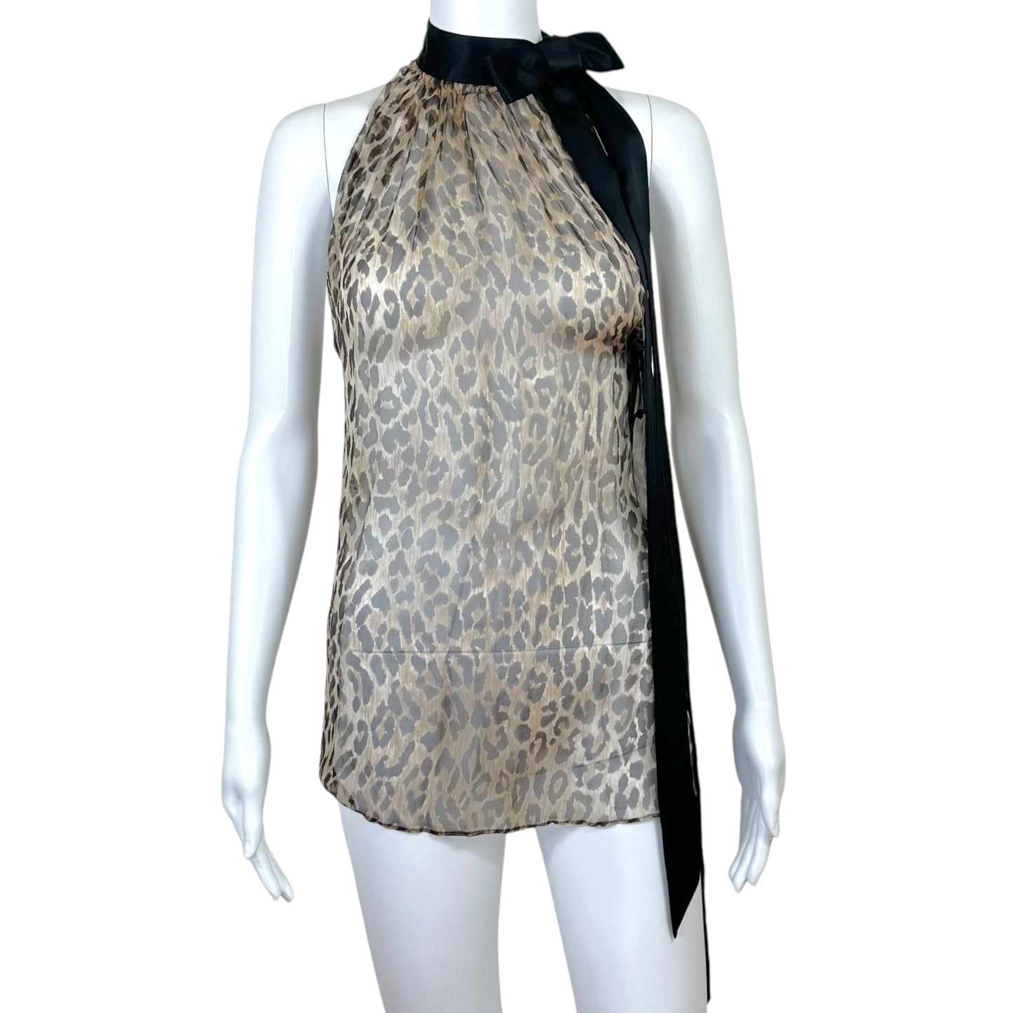 Dolce & Gabbana Sheer Leopard Print Silk Bow Neck Tie Halter Blouse