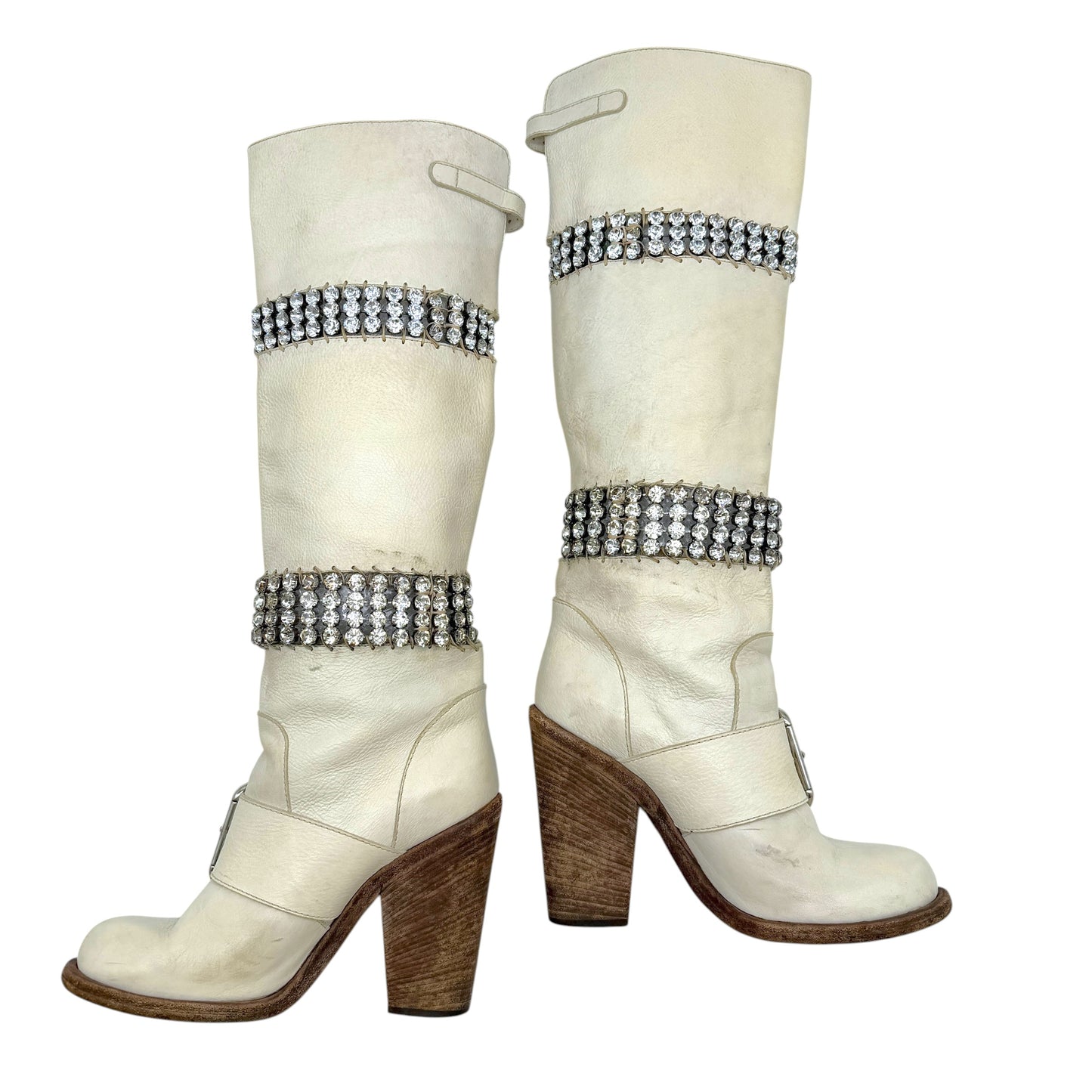 Dolce & Gabbana White Leather & Crystal Heeled Boots