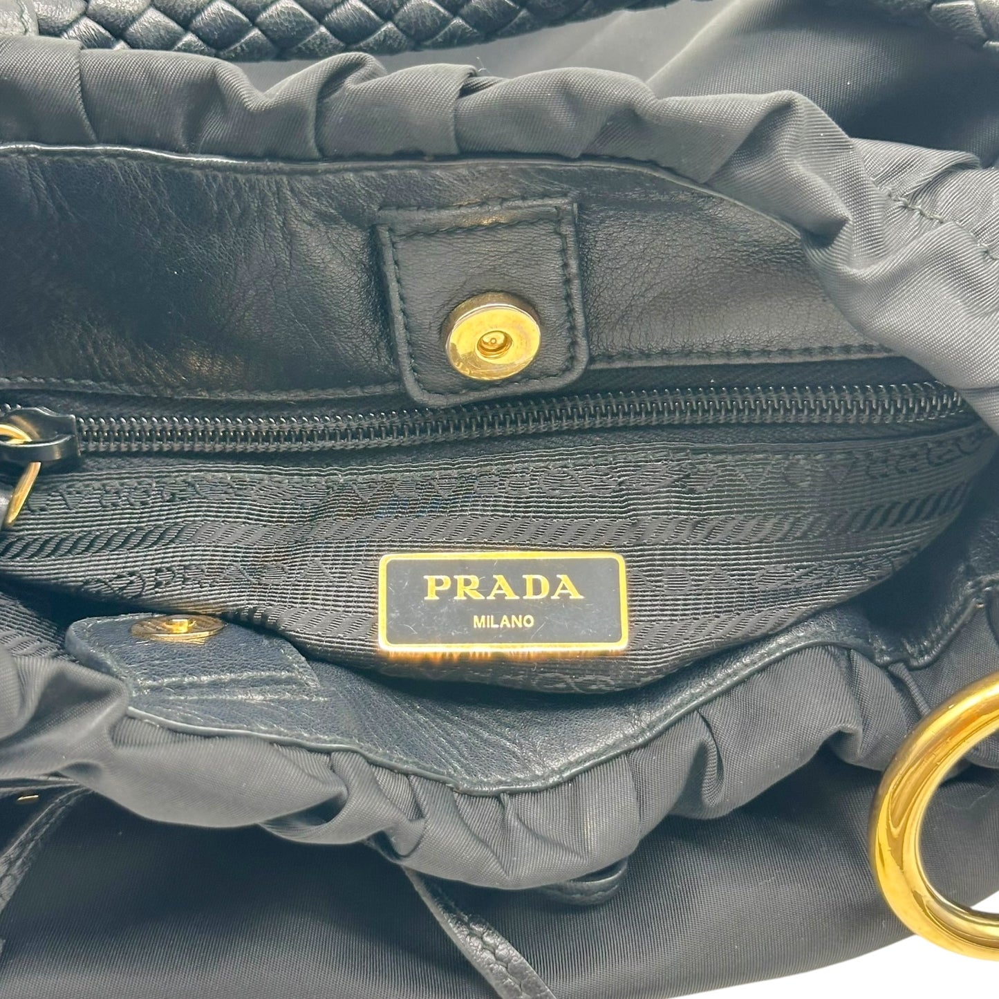 Prada Black Nylon Leather Bow Bucket Bag