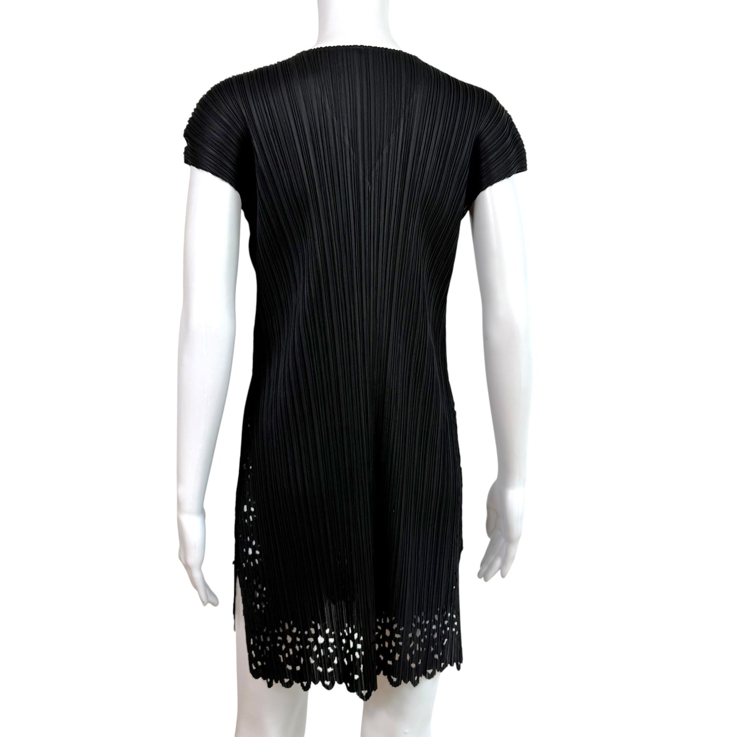 Issey Miyake Pleats Please Black Laser Cut-Out Trim Pleated Mini Dress Sz 3