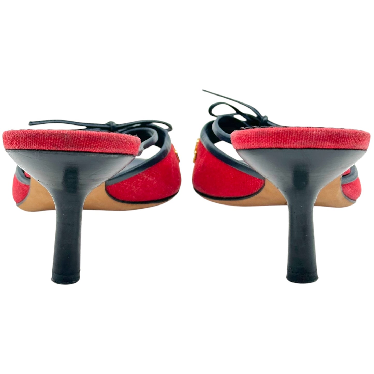 Chanel Red & Navy Kitten Heel Mules w/  Gold Clover Charms