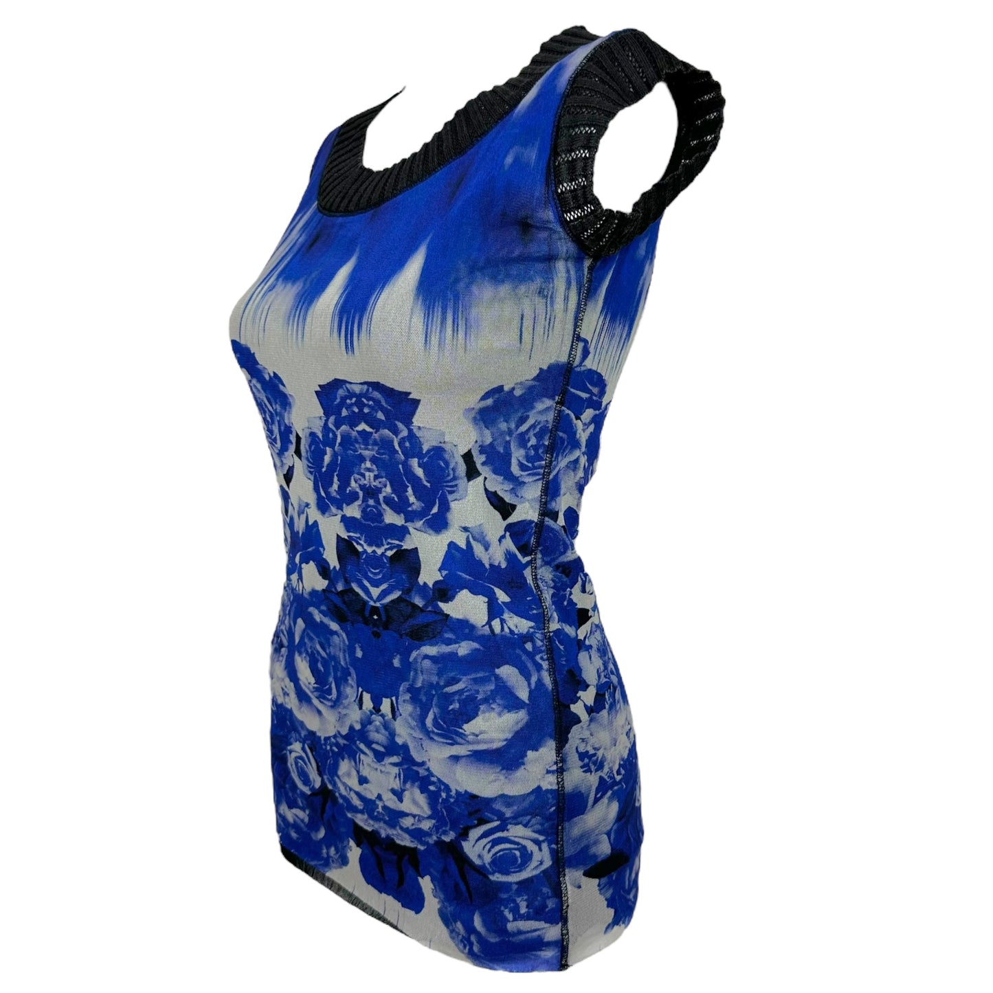 Jean Paul Gaultier Blue Rose Print Mesh Tank