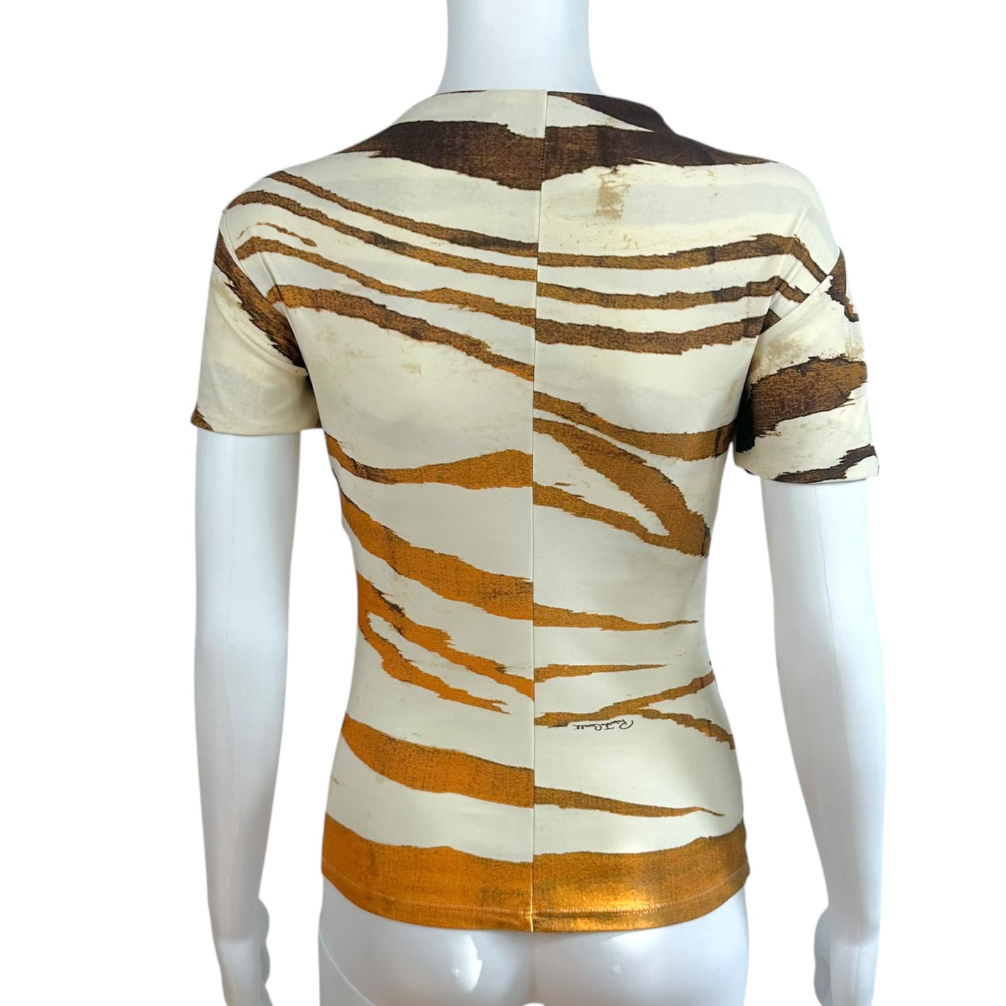 Roberto Cavalli 2008 Ivory & Brown Zebra Print Asymmetrical Neckline T-Shirt
