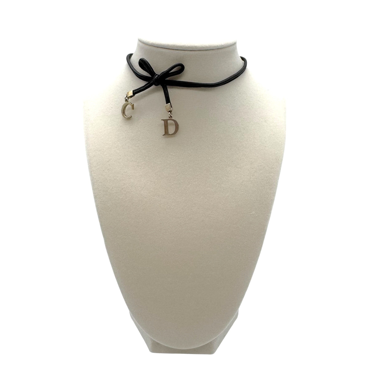 Christian Dior Black Leather & Silver CD Logo Charm Bow Choker Necklace