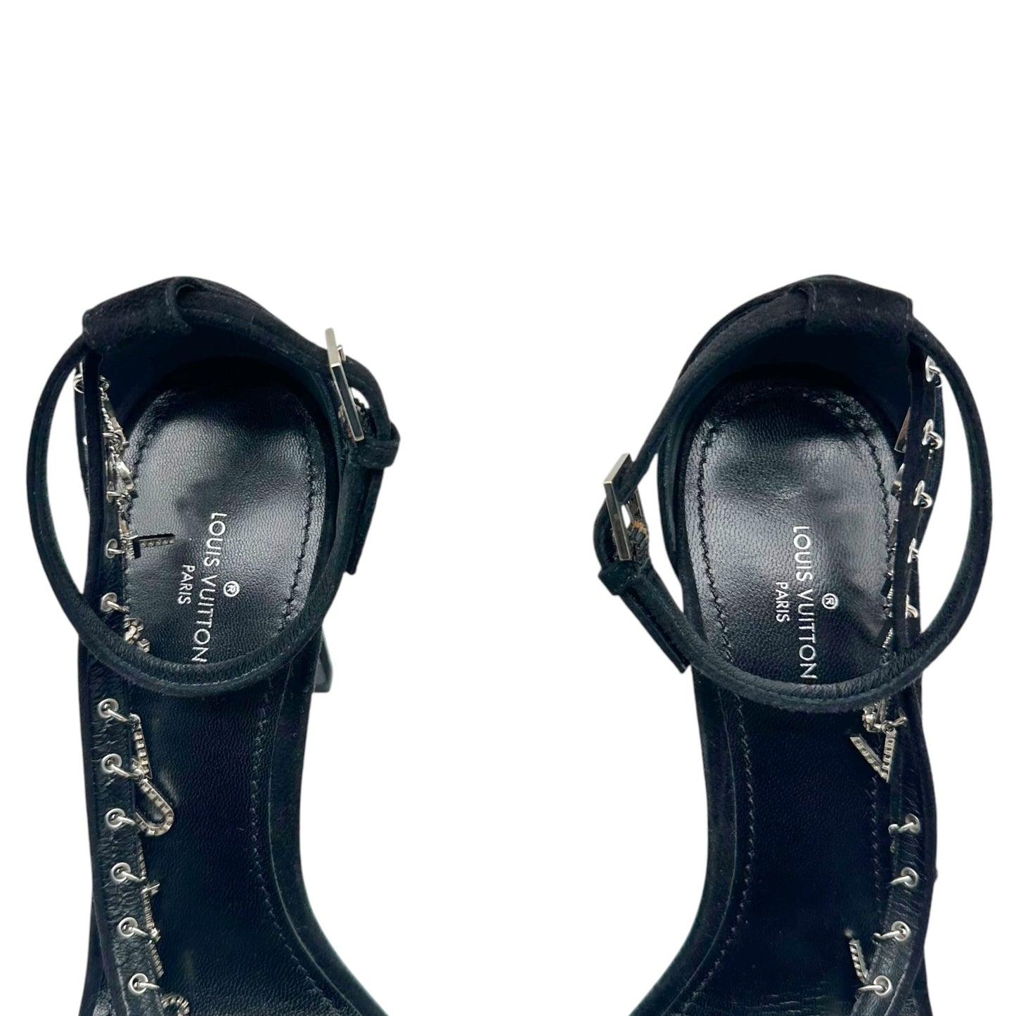 Louis Vuitton Melody Rhinestine Logo Charm Black Suede Platform Heeled Sandals