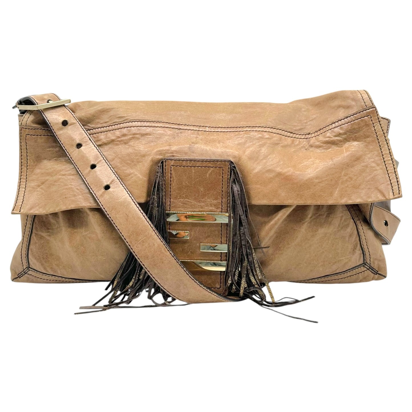 Fendi Tan Leather Fringe Trim XL 2-Way Baguette Bag