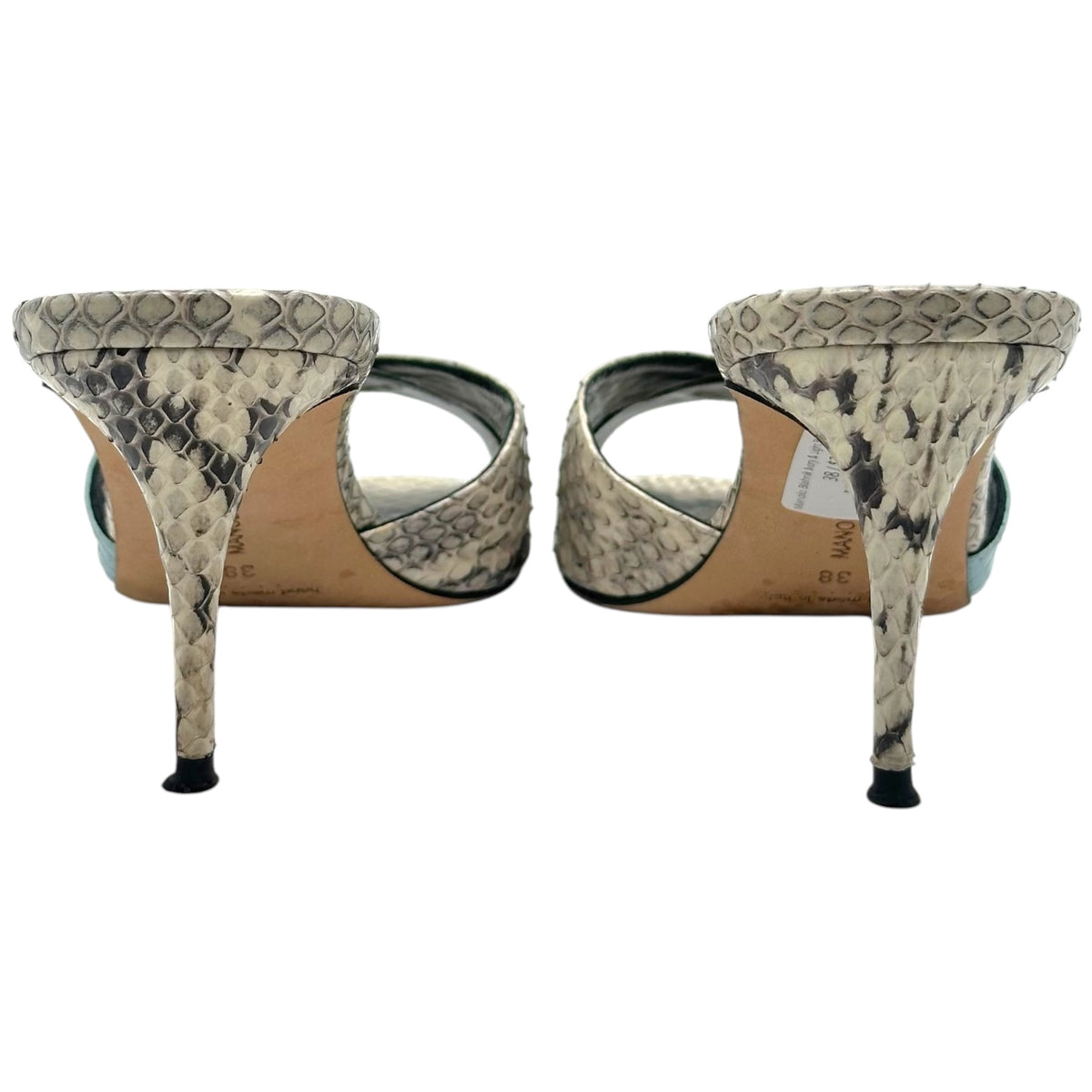Manolo Blahnik Ivory & Light Blue Python Mule Sandal Heels
