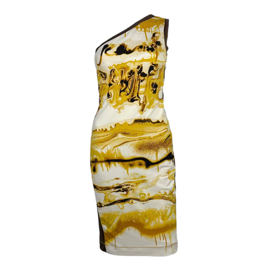 Jean Paul Gaultier Soleil One Shoulder Drip Print Silk Midi Dress