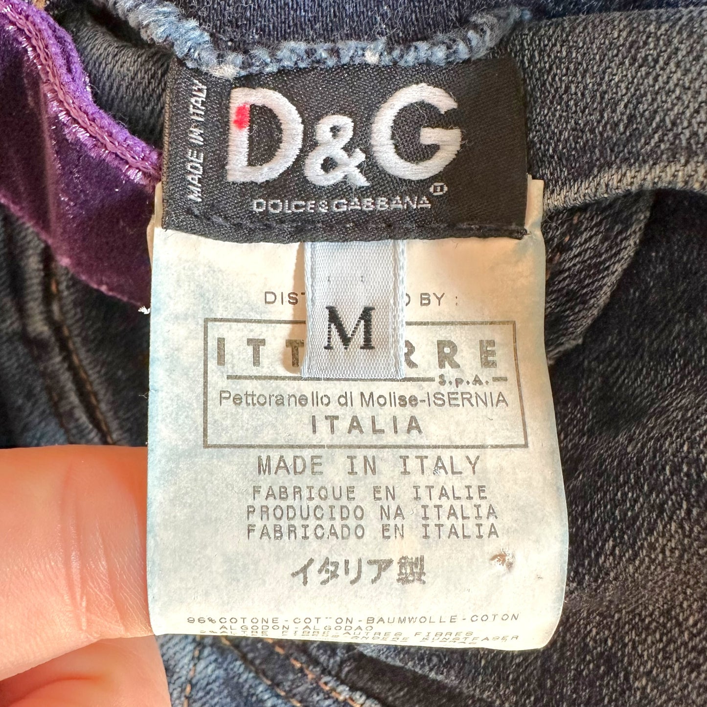 D&G Dolce & Gabbana Dark Wash Denim & Purple Velvet Bow Corset Top