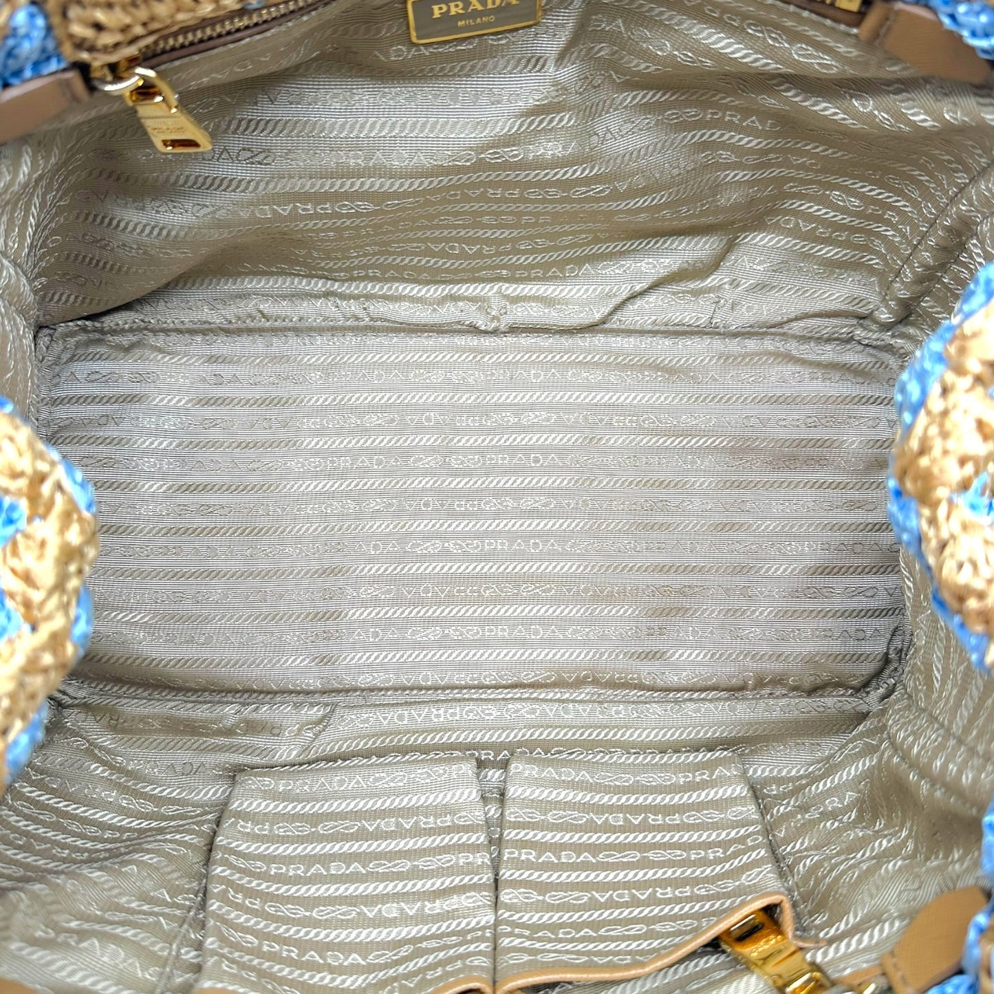 Prada Tan & Light Blue Woven Raffia Canapa Tote Bag