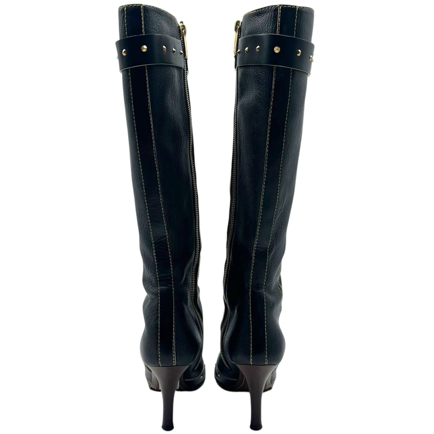 Louis Vuitton Black Leather Gold Studded Heeled Knee High Boots