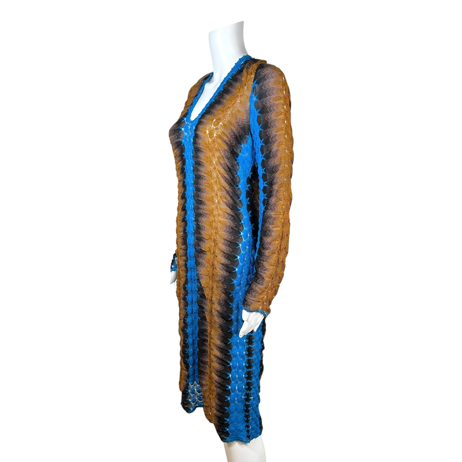 Missoni Chevron Knit Midi Dress Turquoise Brown Long Sleeve