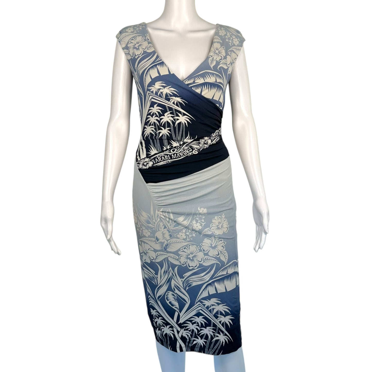 Jean Paul Gaultier Soleil Blue Tropical Print Off-Shoulder Midi Dress