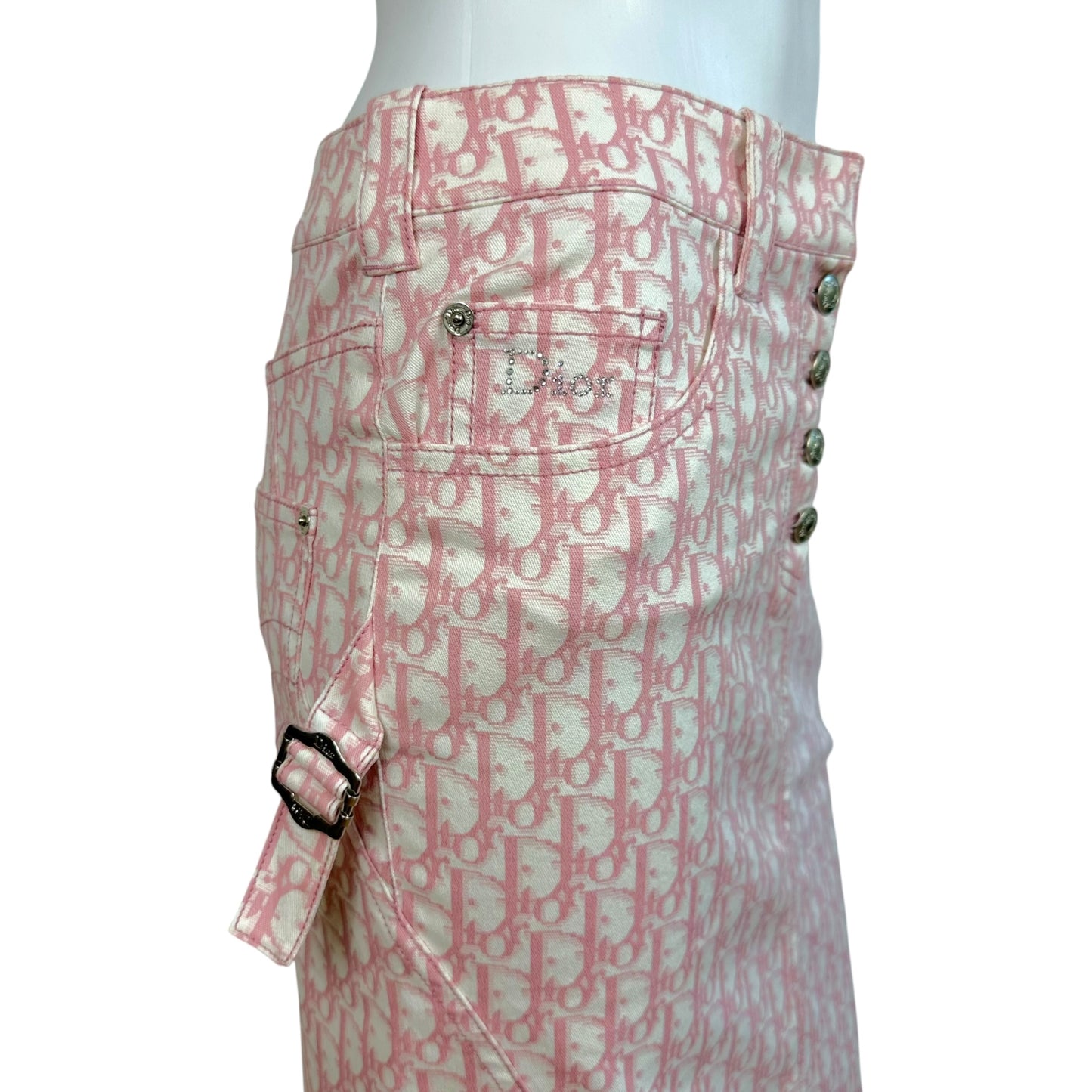 Christian Dior S/S 2004 Pink & White Trotter Monogram Denim Midi Skirt
