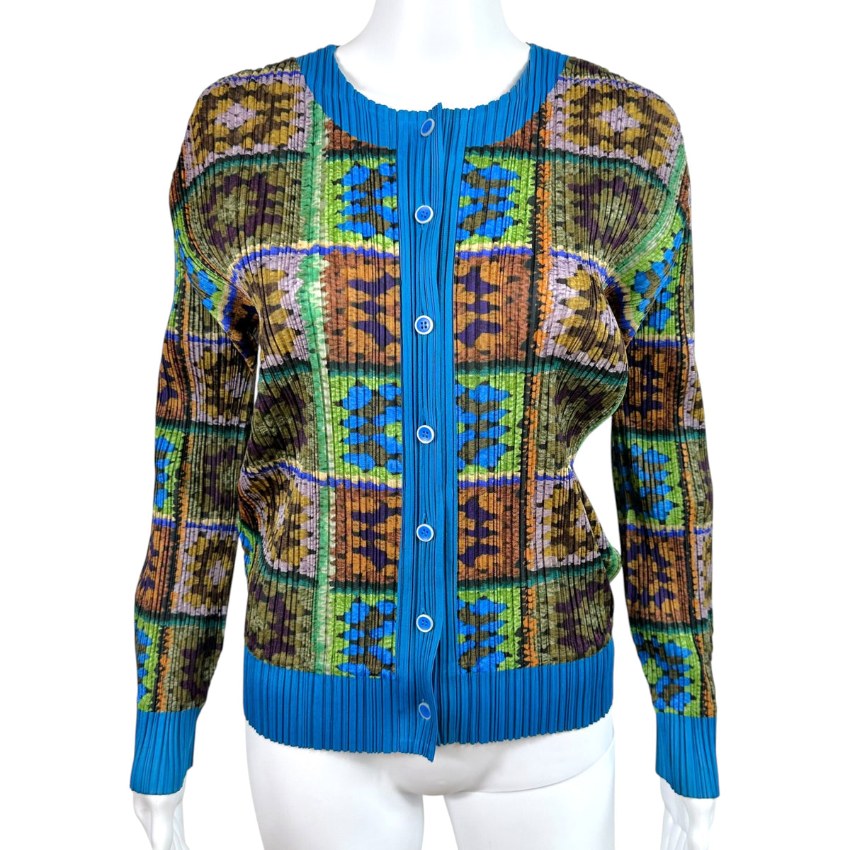 Issey Miyake Pleats Please Turquoise Multicolor Crochet Square Printed Pleated Cardigan Top Sz 3