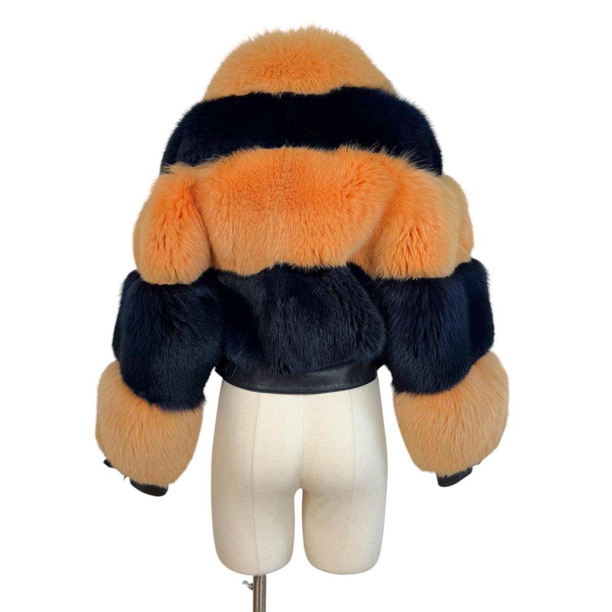 Alexandre Paris Cropped Coat Orange Blue Striped Fox Fur
