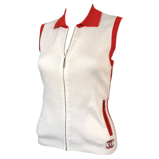 Chanel Sport S/S 2002 Red & White Zip Up Knit Polo