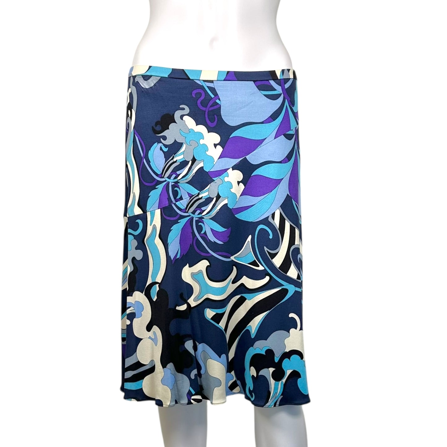 Emilio Pucci Blue Floral Printed Silk Knit Midi Skirt