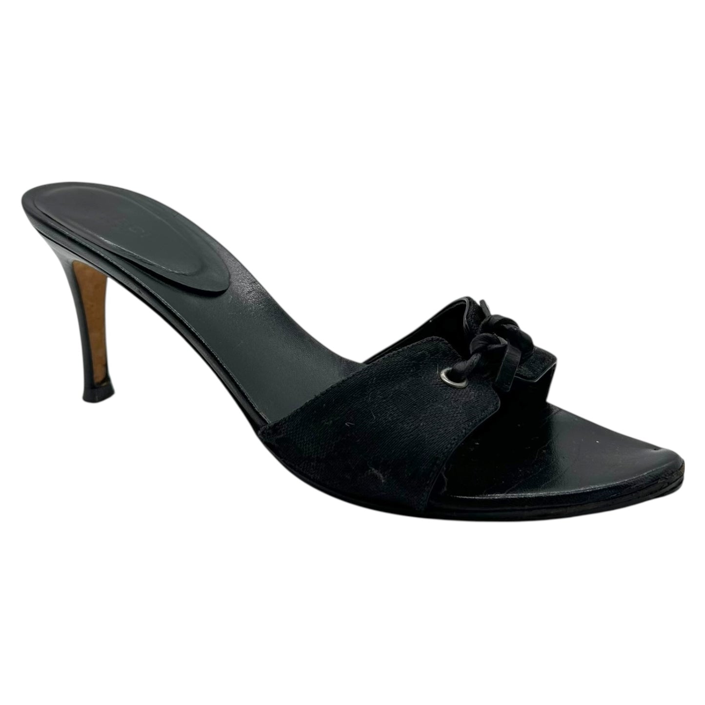Gucci Black Leather Tie Monogram Mule Heels