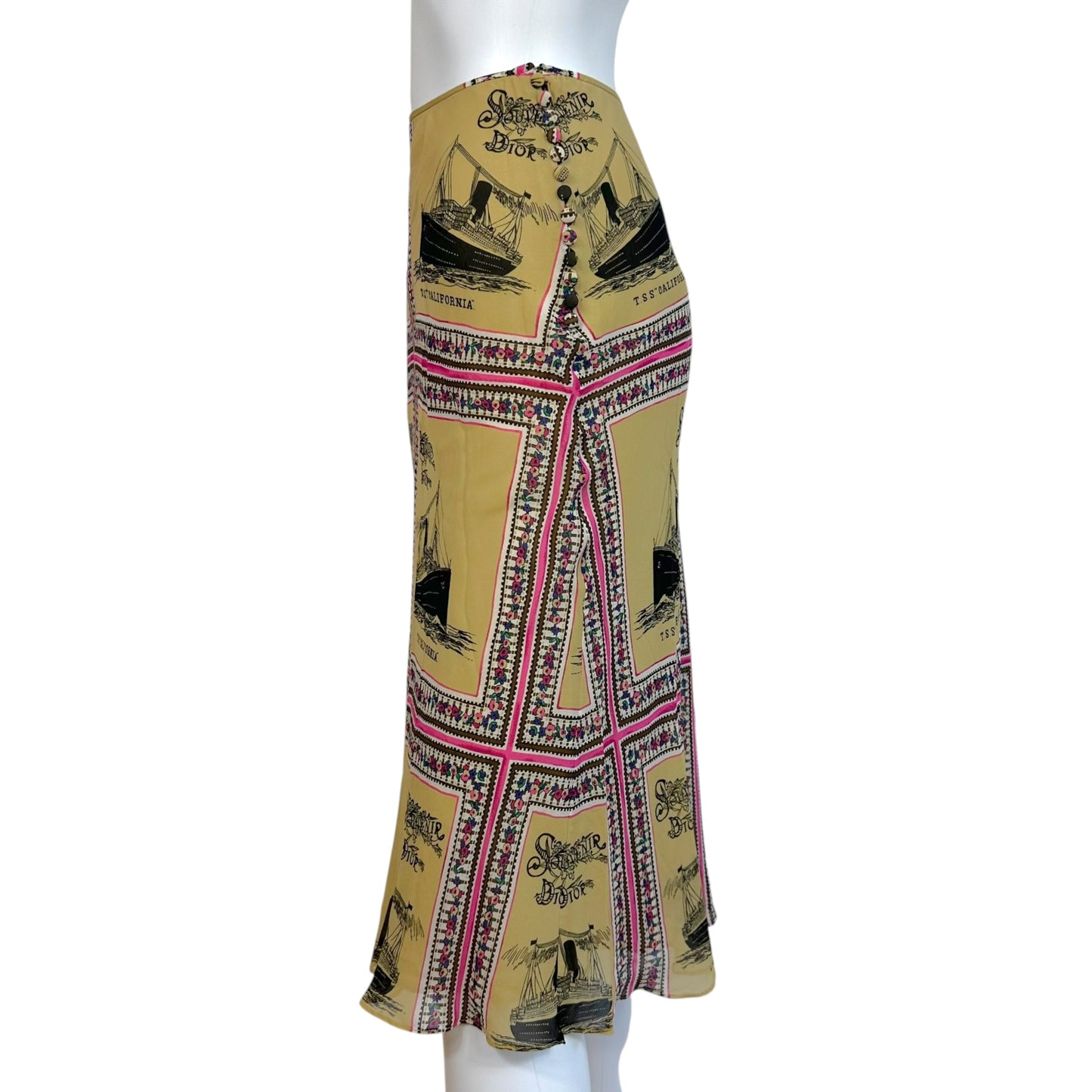 Christian Dior 'Souvenir of Dior' Beige Ship Printed Silk Midi Skirt