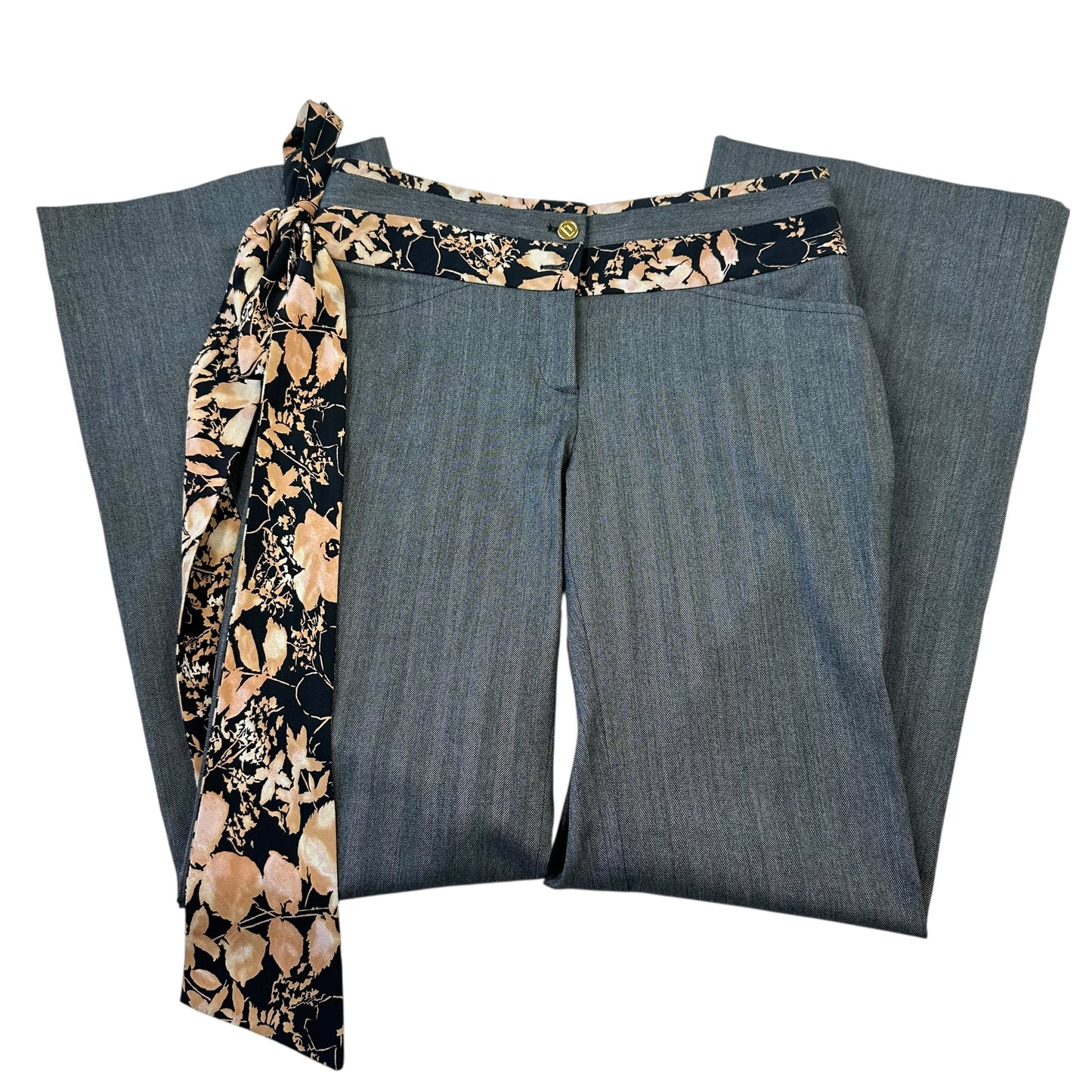 Dolce & Gabbana Gray & Floral Silk Waist Tie Flare Pants