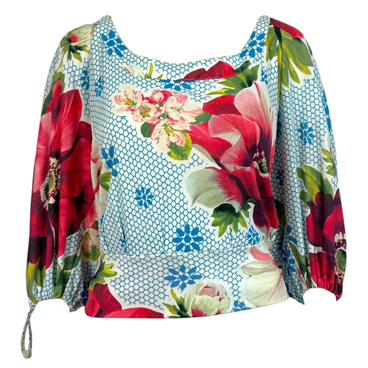 D&G Dolce & Gabbana Blue Floral Print Chain Embellished Crop Blouse Top