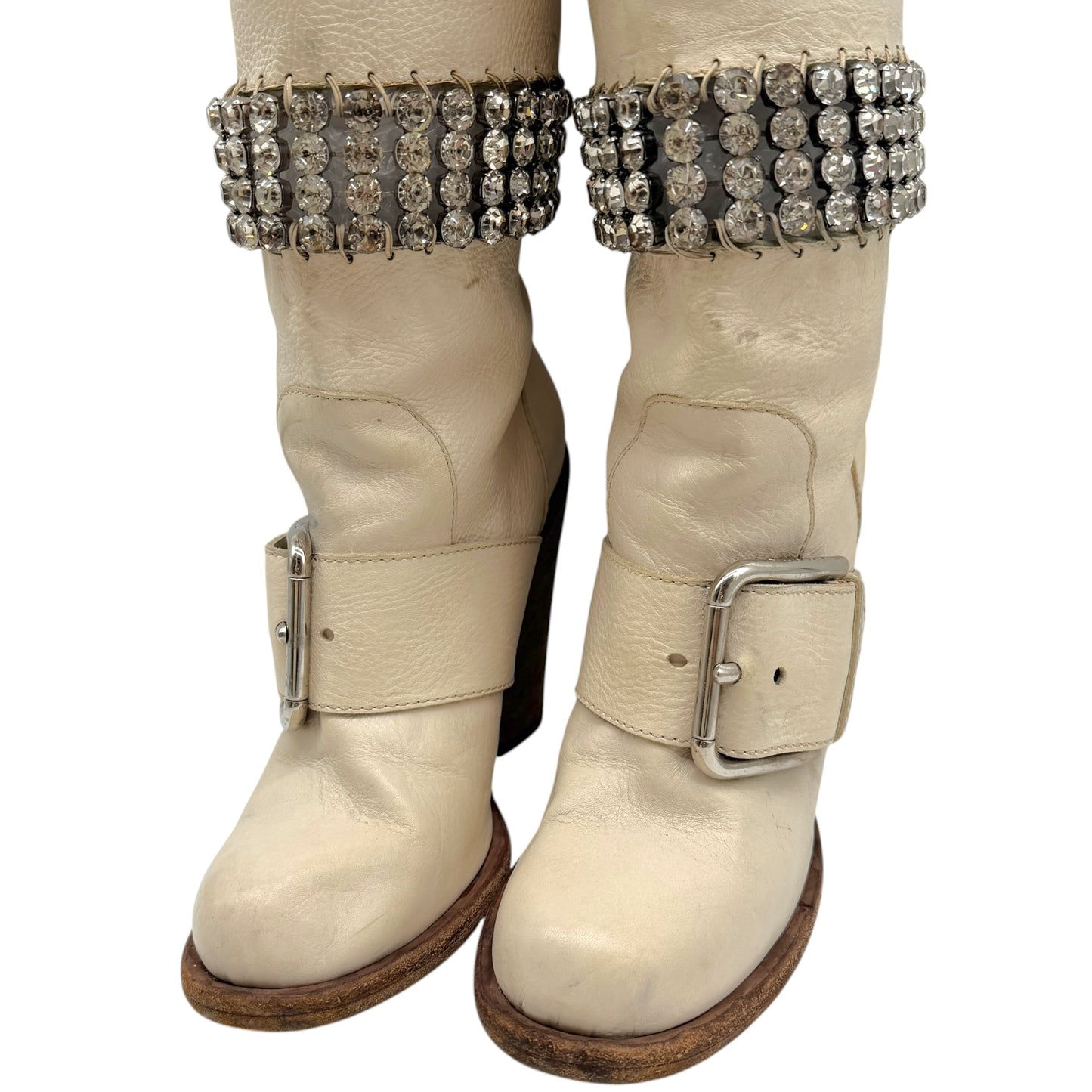 Dolce & Gabbana White Leather & Crystal Heeled Boots