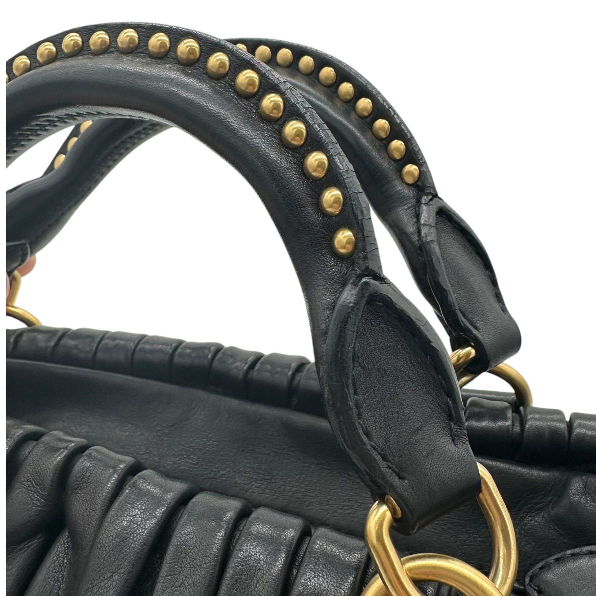Miu Miu Black Pleathed Leather & Gold Studded 2-Way Bag - Outfit Repeater