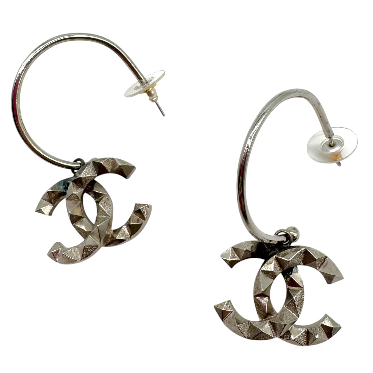 Chanel Silver Pyramid Stud CC Logo Hoop Earrings