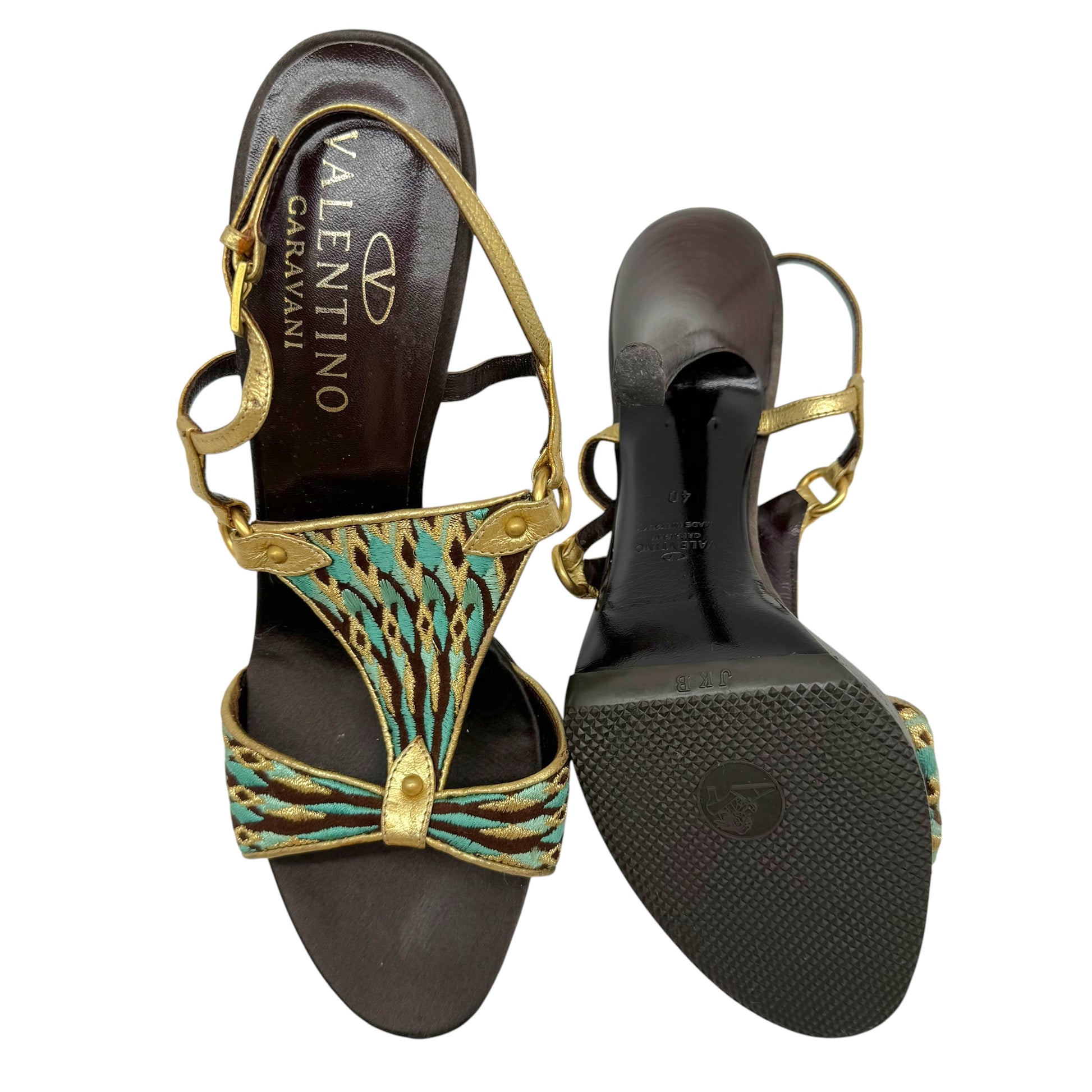 Valentino Garvani Turquoise Gold Embroidered Sandal Heels