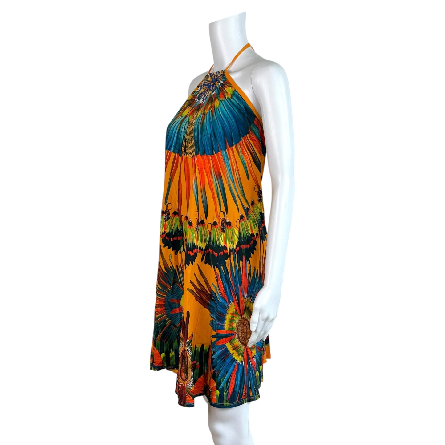 Jean Paul Gaultier Halter Mini Dress Multicolor Feather Print