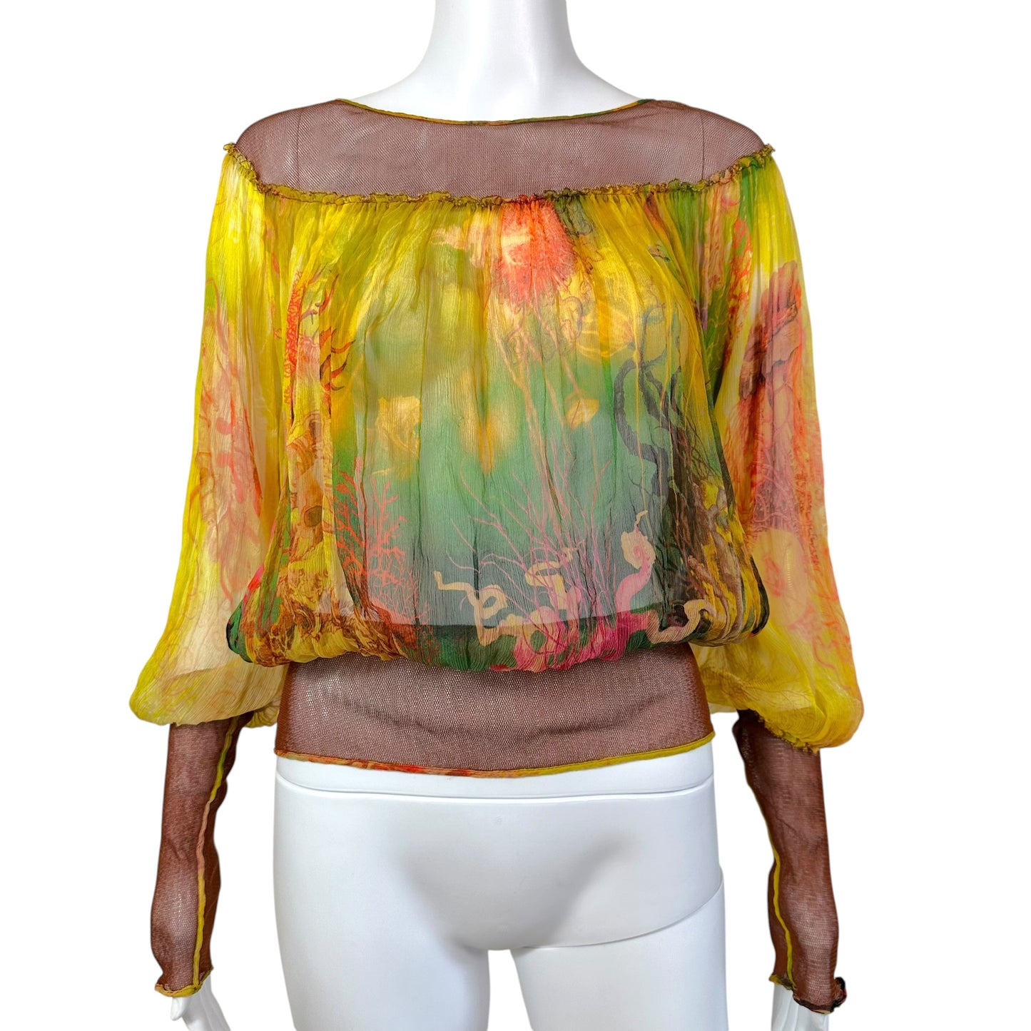 Jean Paul Gaultier Sheer Silk & Mesh Tropical Print Blouse