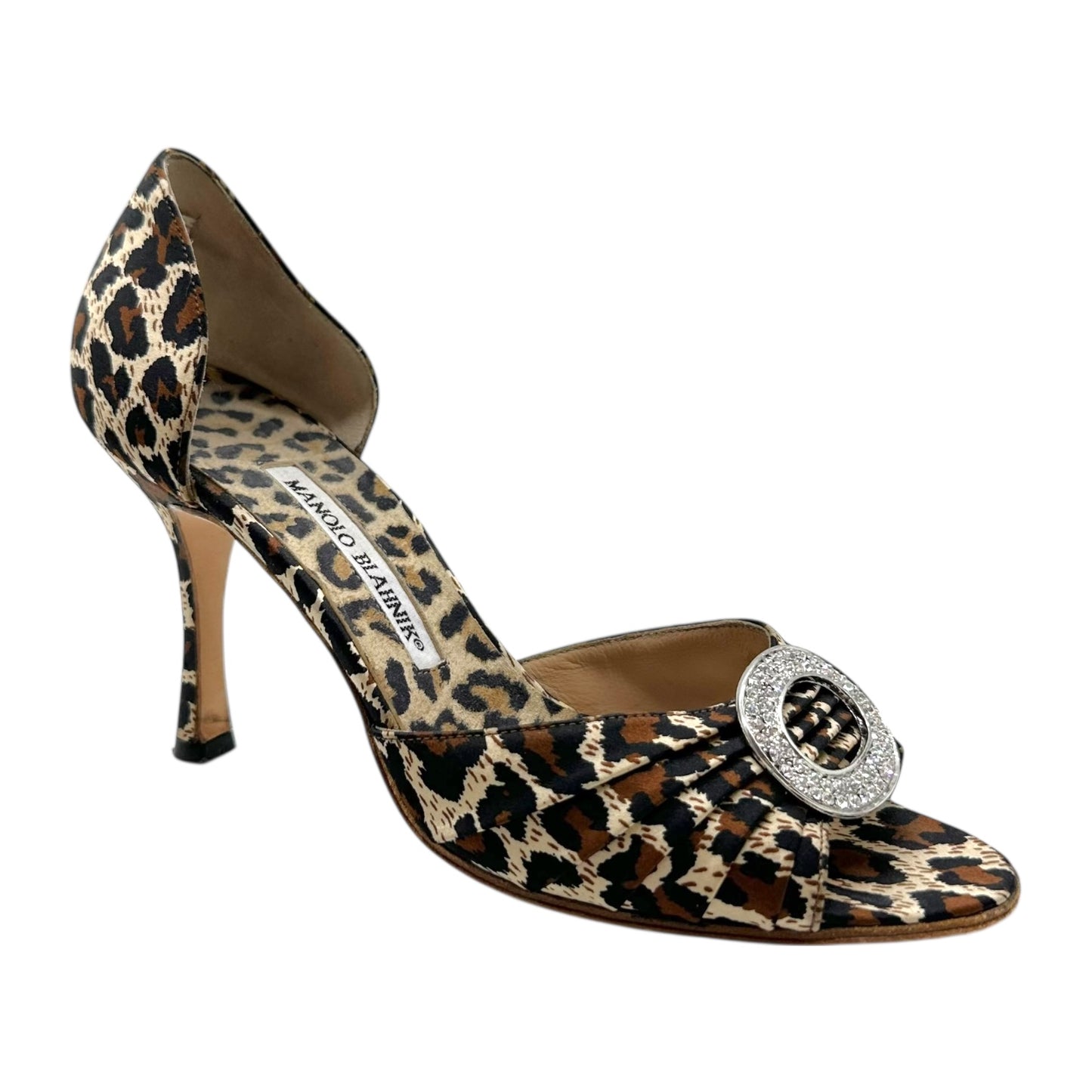 Manolo Blahnik Leopard Print Silk & Crystal D'Orsay Heels