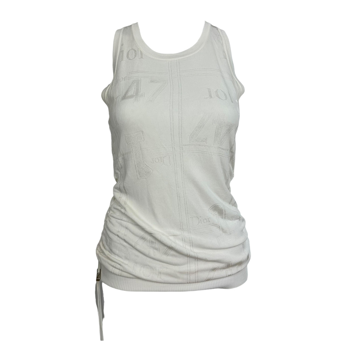 Christian Dior S/S 2004 White Logo Knit Ruched Side Tank