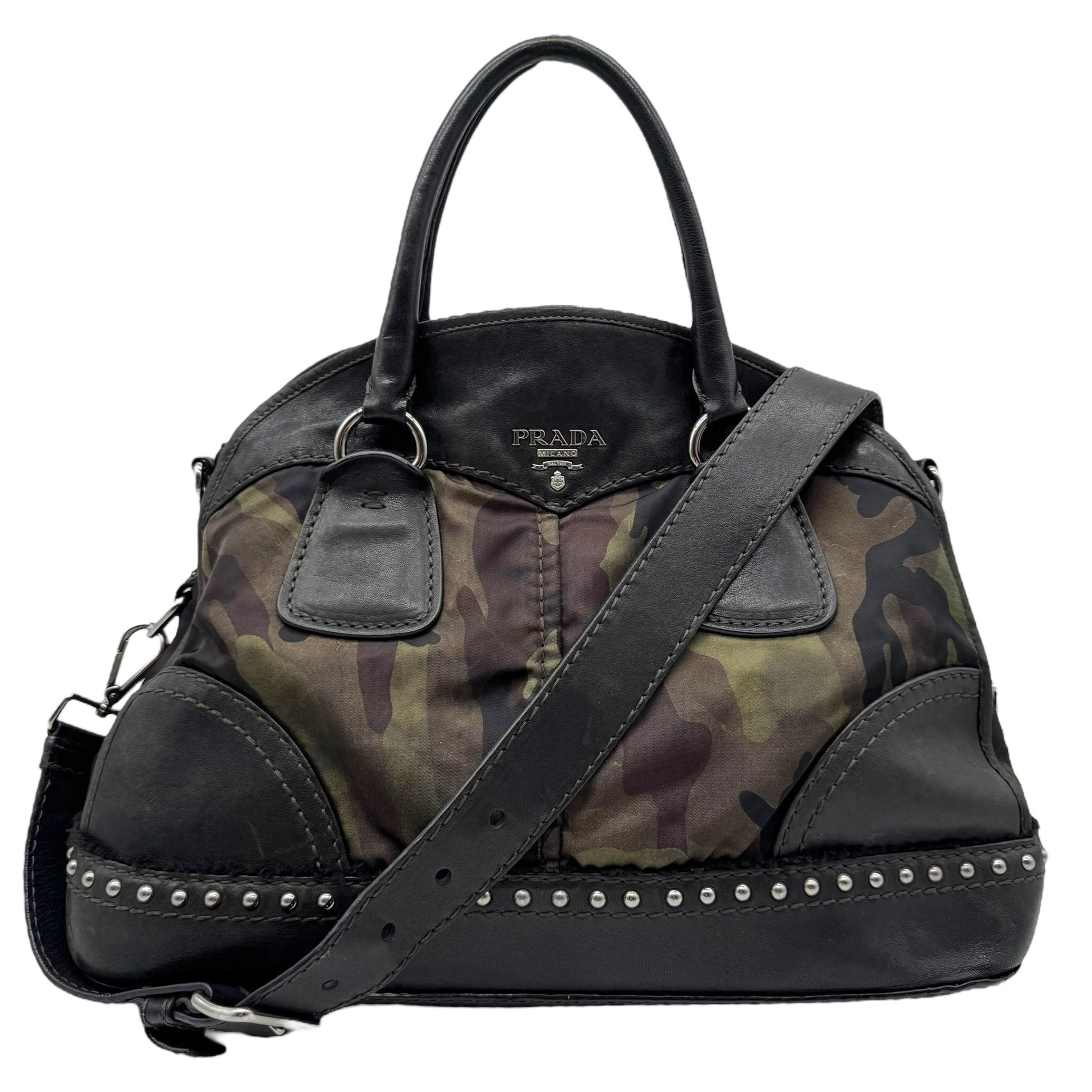 Prada Camouflage & Leather Studded 2-Way Hobo Bag - Outfit Repeater