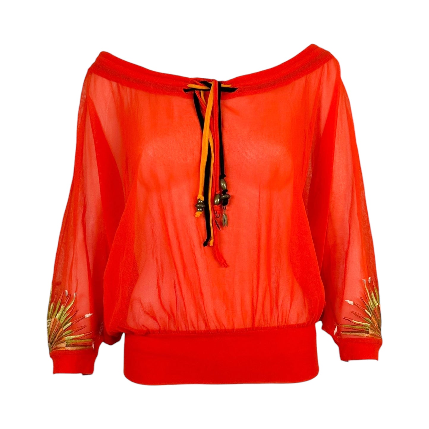 Jean Paul Gaultier Soleil Red Mesh Embroidered Batwing Top