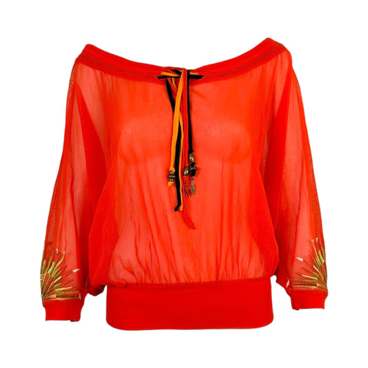 Jean Paul Gaultier Soleil Red Mesh Embroidered Batwing Top