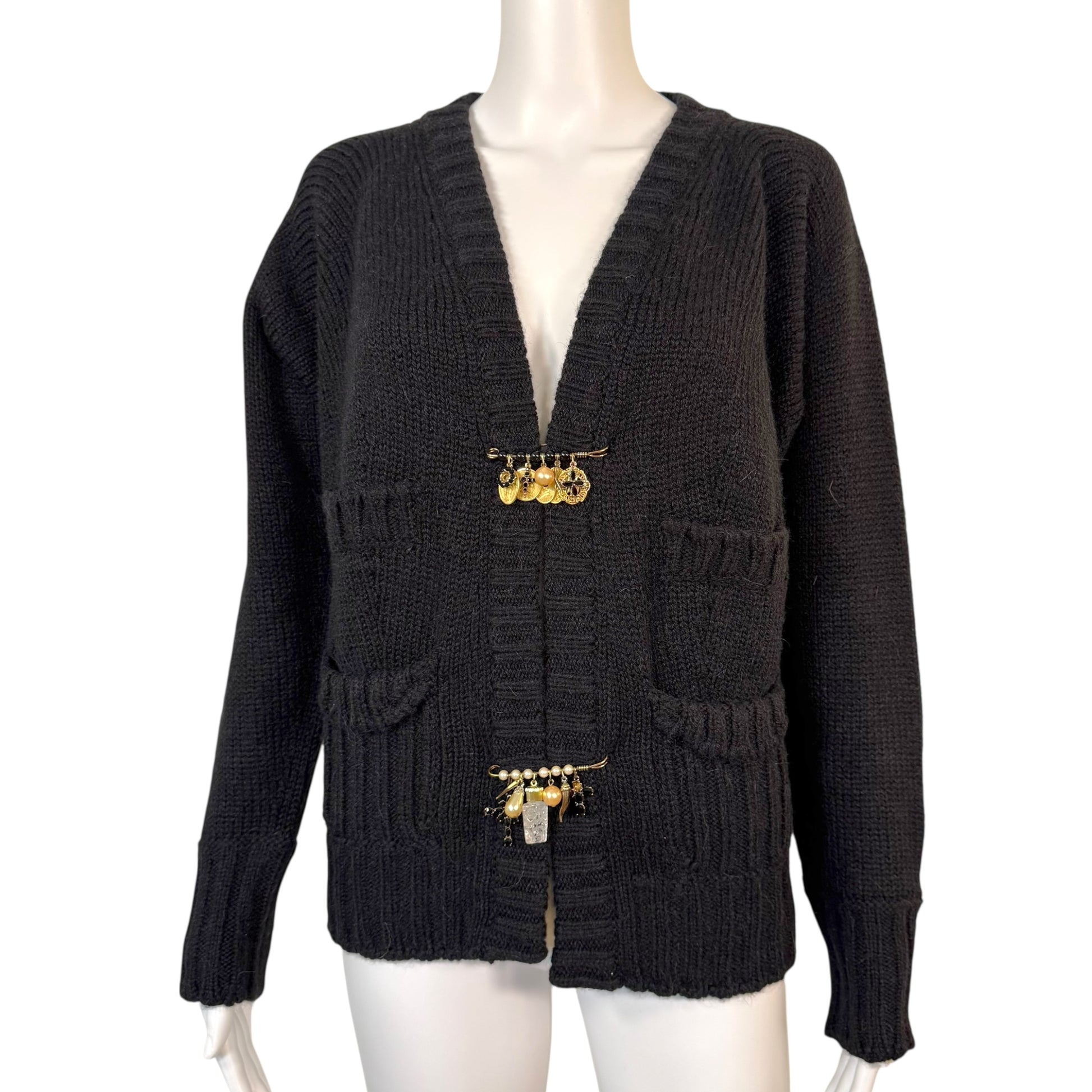 Dolce & Gabbana Black Wool Safety Pin Brooch Cardigan - Outfit Repeater